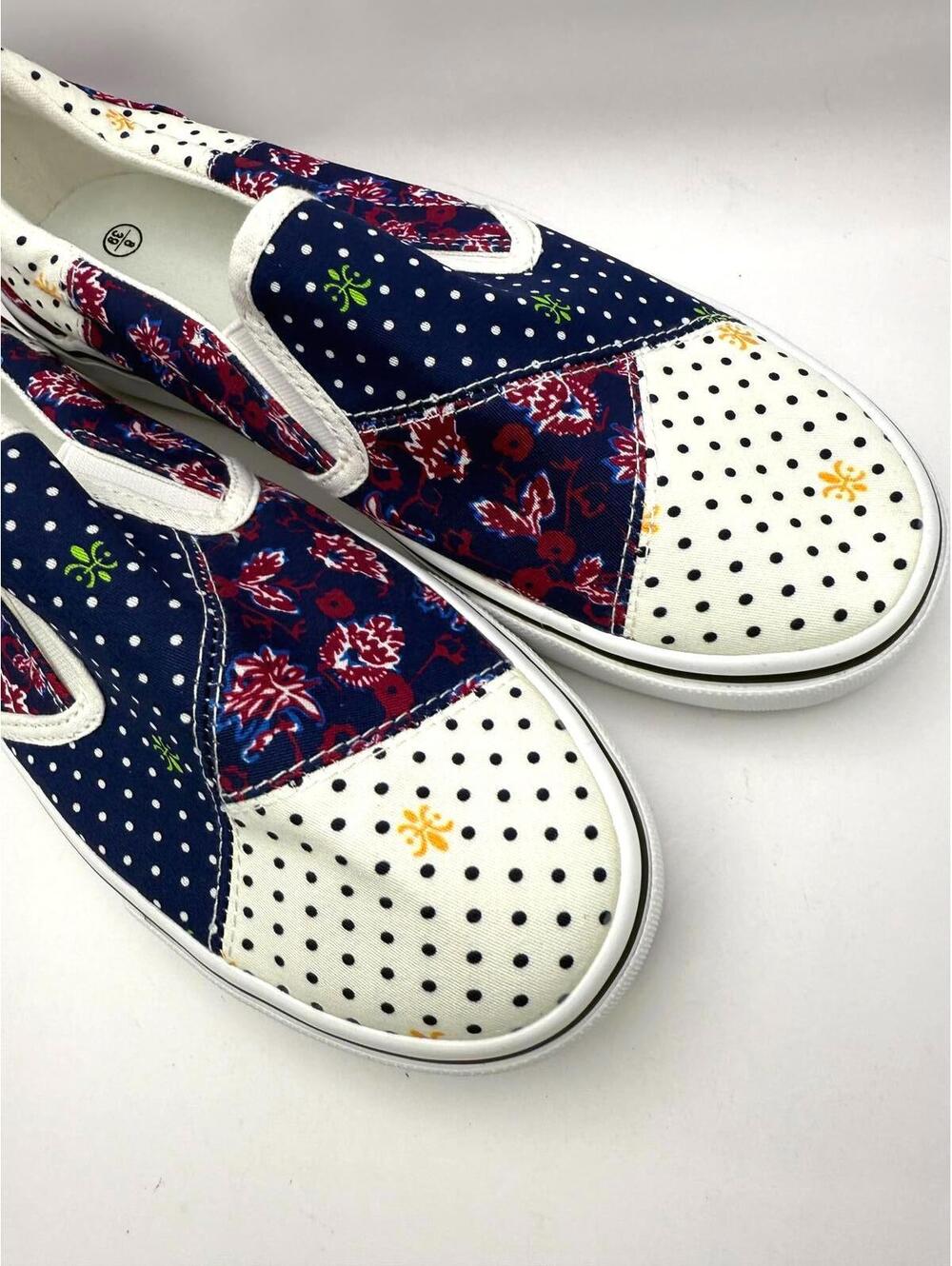 Navy & White Floral Patchwork Slip-On Flats